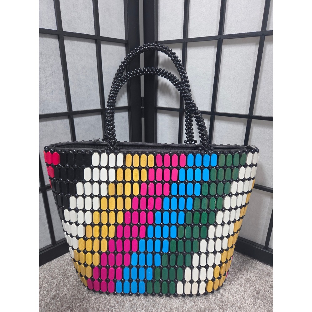 Multicolor Beaded Tote Bag Rainbow Geometric Wooden Bead Zippered Handbag
